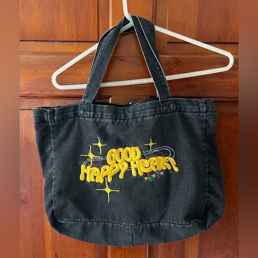 GOOD HAPPY HEART Embroidered Denim Tote Bag – Hippie Boho Groovy Retro – 15x10